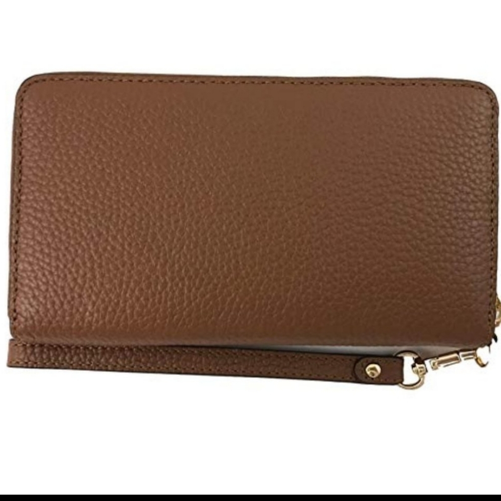 Michael Kors Chestnut Pebbled Leather Wristlet Wallet with Gold MK Emblem - Picture 3 of 4